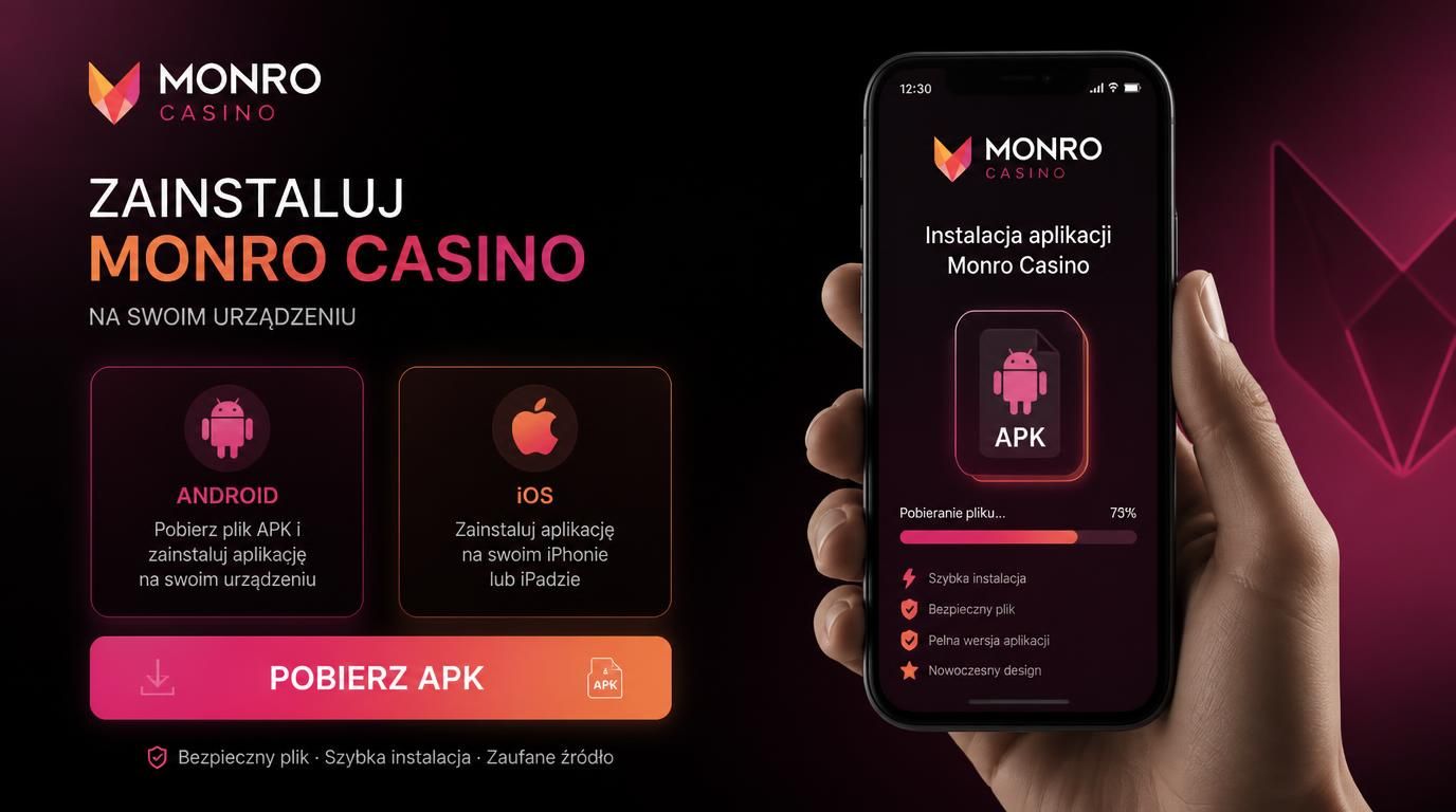 Telefon z otwartą stroną pobierania Monro Casino, zielony przycisk „Pobierz APK”, ikony Android/iPhone po bokach