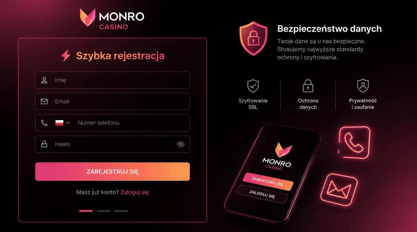 Interfejs rejestracji Monro Casino z elementami bezpieczeństwa