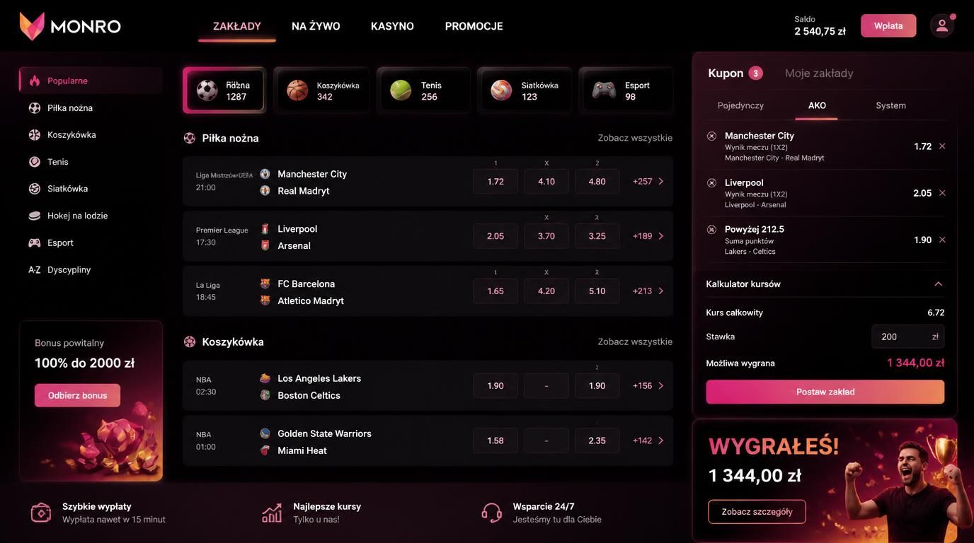 kupon akumulatorowy na ekranie z różnymi dyscyplinami sportowymi w Monro Casino