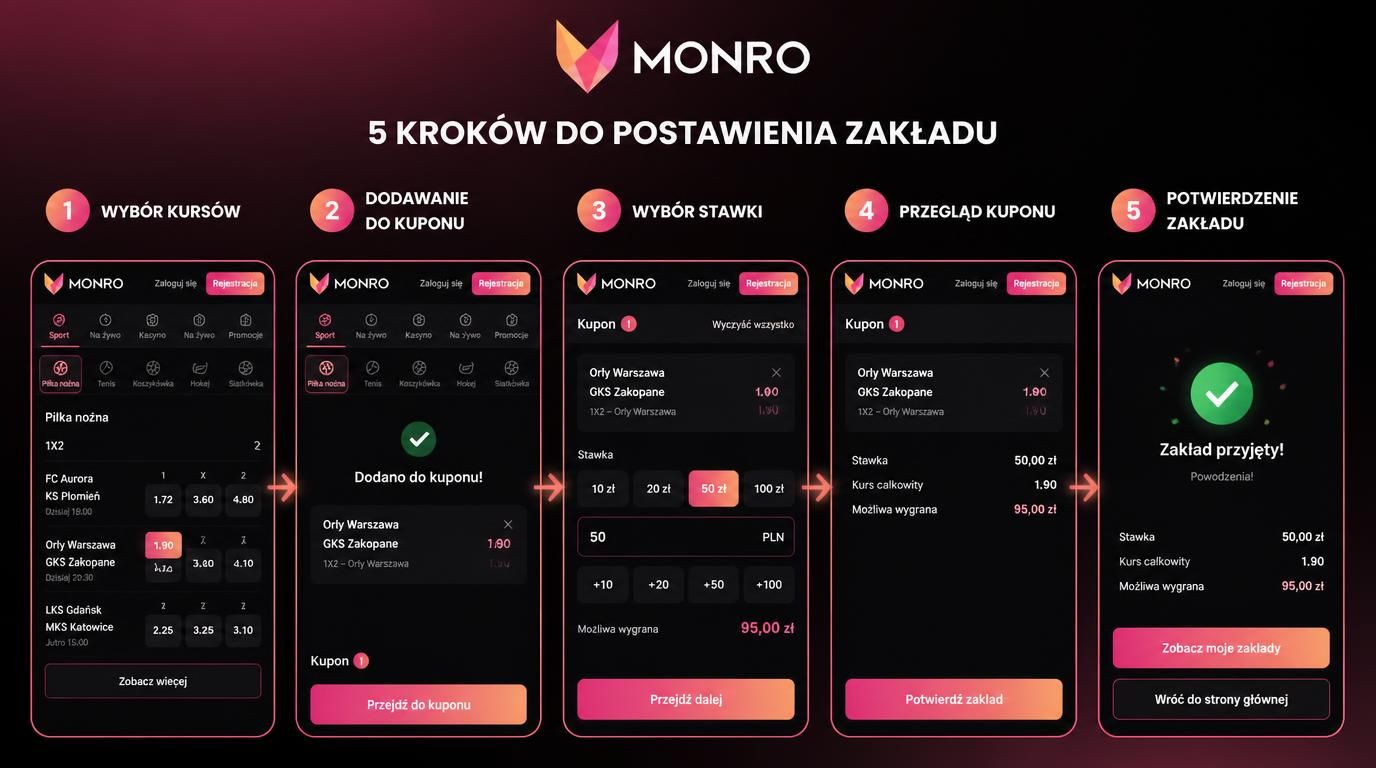 ilustracja procesu postawienia zakładu krok po kroku w Monro Casino