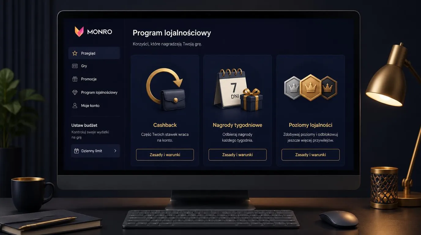 Panel promocji kasyna z kartami cashbacku, cotygodniowych nagród i poziomów lojalnościowych