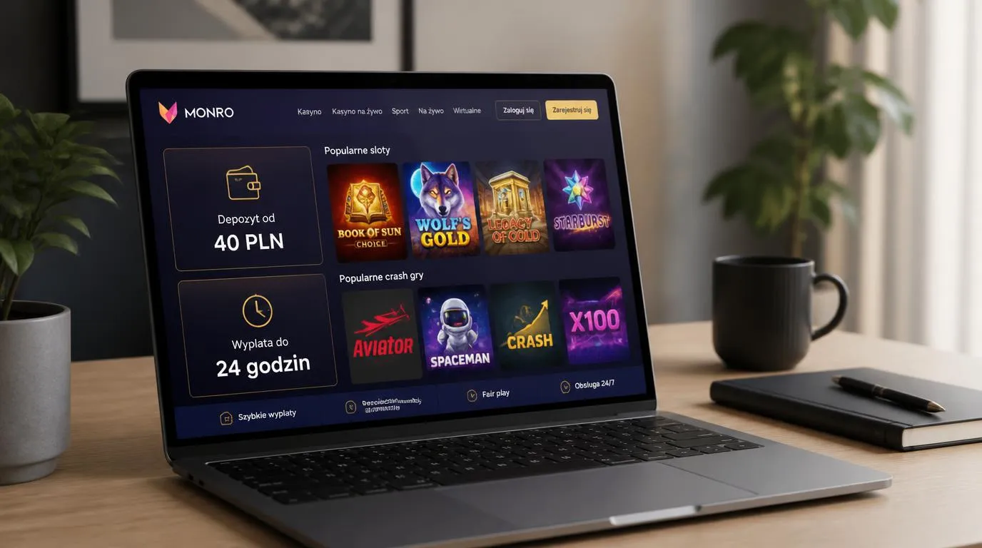 Laptop z katalogiem gier kasynowych i panelem płatności pokazującym depozyt 40 PLN oraz wypłatę do 24 godzin