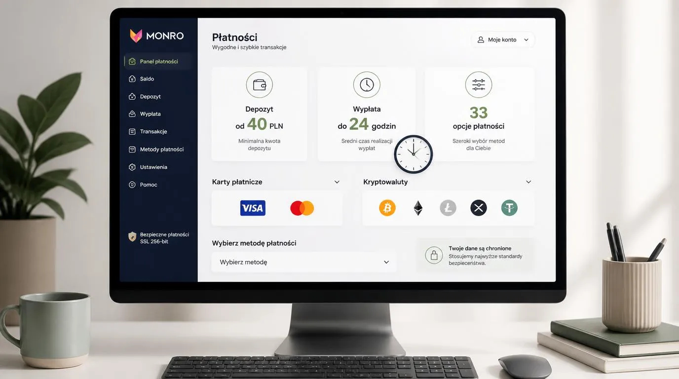 Panel płatności kasyna z depozytem 40 PLN, wypłatą do 24 godzin oraz ikonami kart i kryptowalut